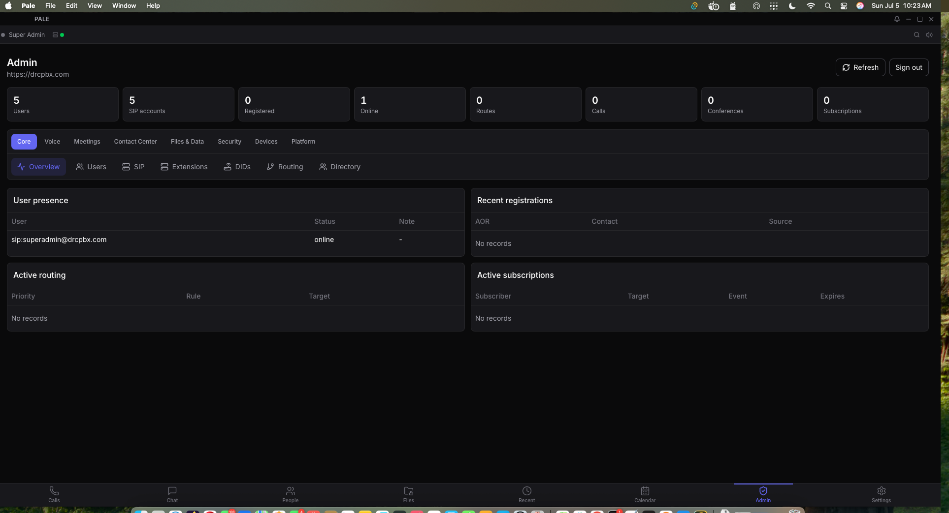 Pale admin console showing grouped navigation, user presence, registrations, routing, and subscriptions