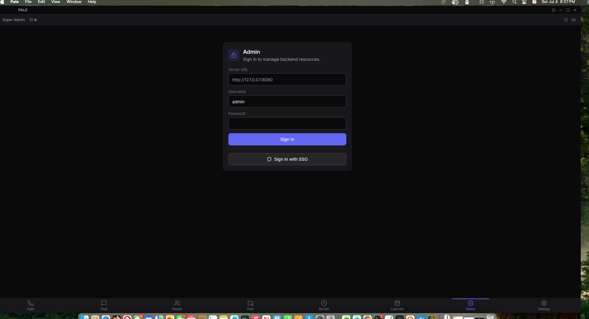 Pale admin sign-in form with server URL, username, password, and SSO option