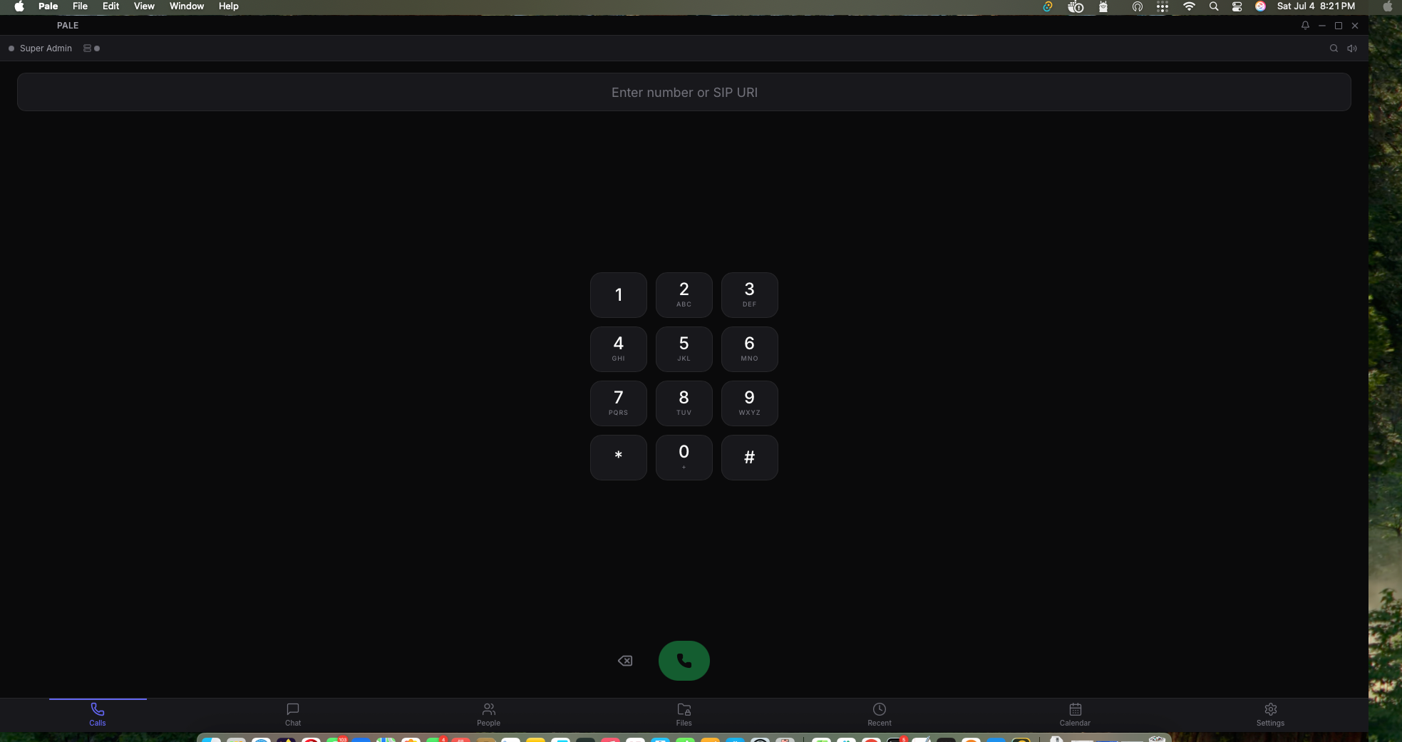 Pale desktop dialer with SIP URI entry, numeric keypad, and bottom navigation